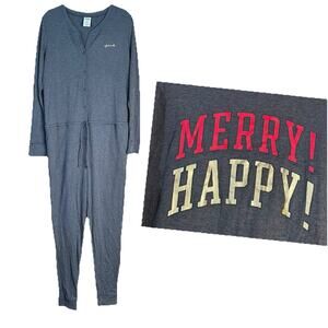 Victorias Secret PINK Thermal Holiday Merry Happy Drawstring Pajama Gray Large